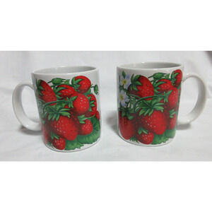 Pair Of Two Vintage Strawberry Design Coffee Mugs Red Spring